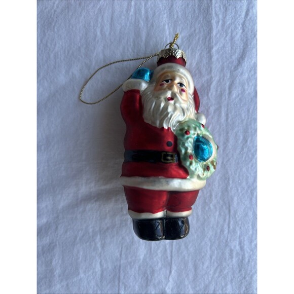 Vtg Blown Glass Christmas Ornament Red Santa Wreath - Picture 1 of 4
